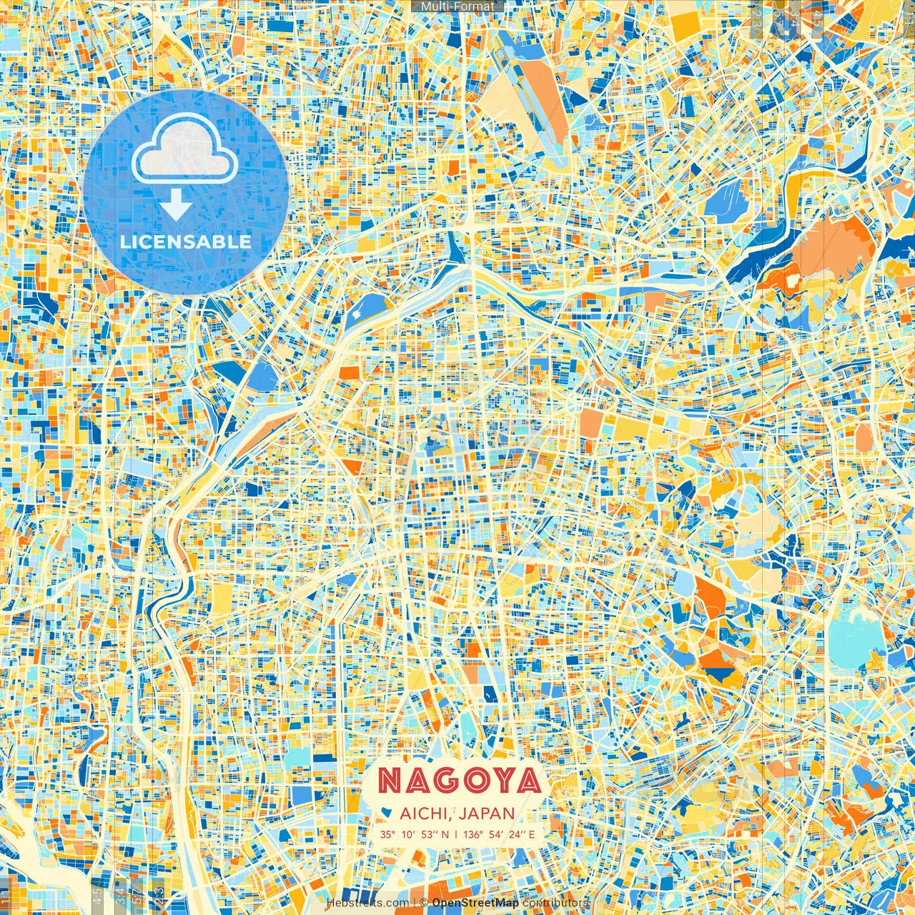 Nagoya, Aichi, Japan blue and orange vector art map template