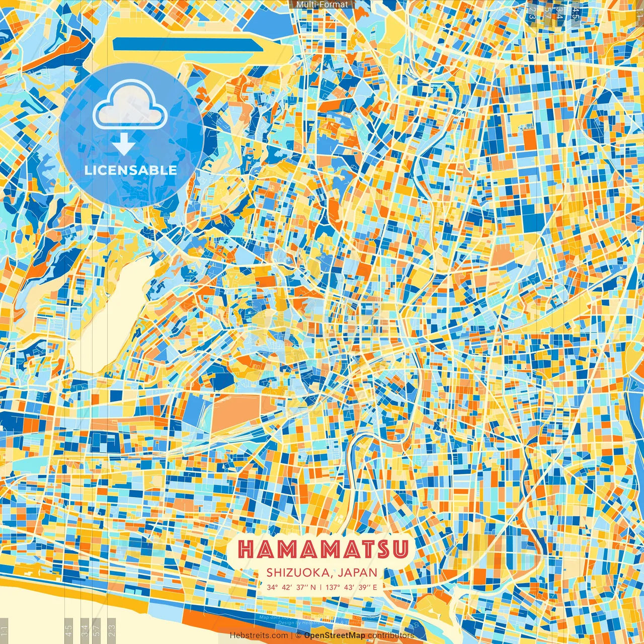 Hamamatsu, Shizuoka, Japan blue and orange vector art map template