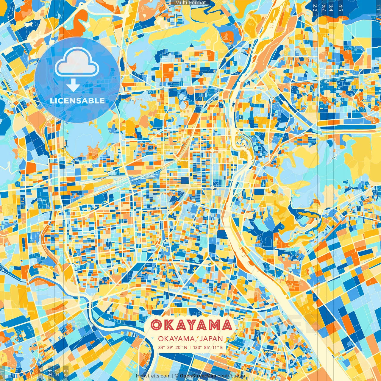 Okayama, Okayama, Japan blue and orange vector art map template