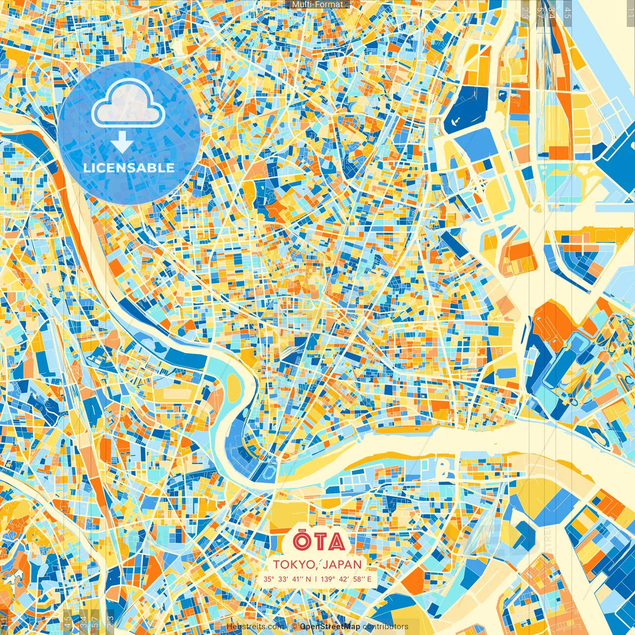 Ōta, Tokyo, Japan blue and orange vector art map template