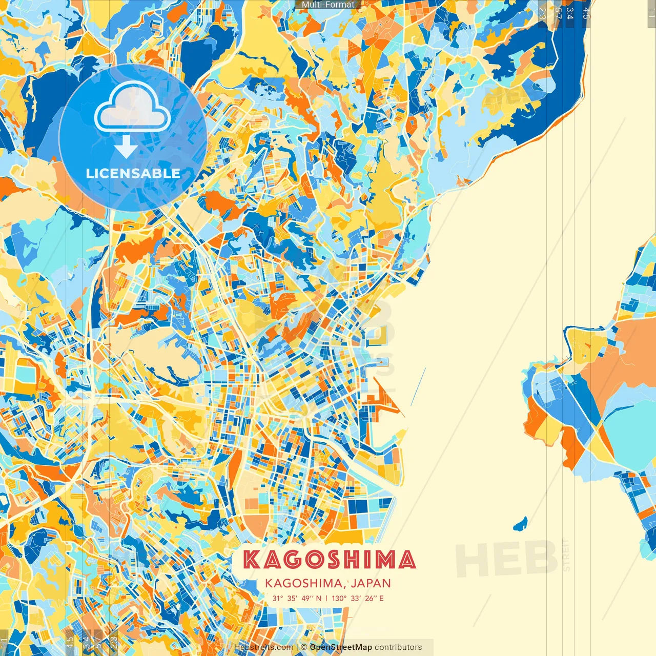 Kagoshima, Kagoshima, Japan blue and orange vector art map template