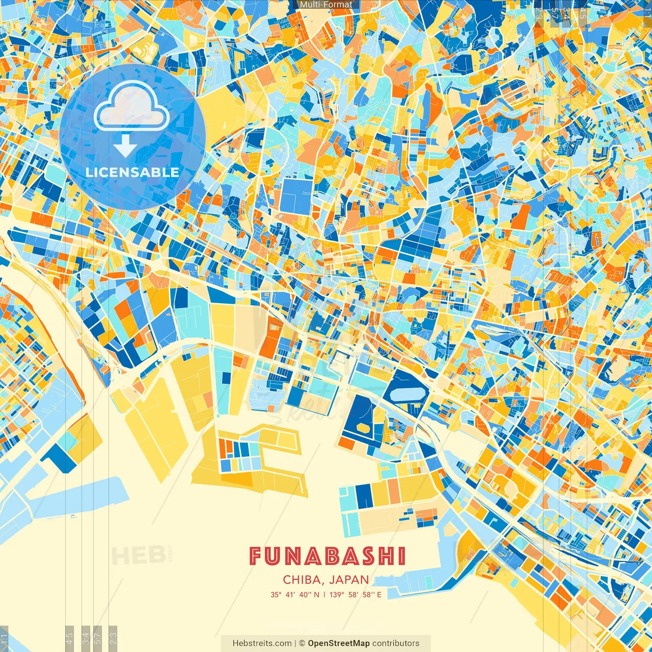 Funabashi, Chiba, Japan blue and orange vector art map template