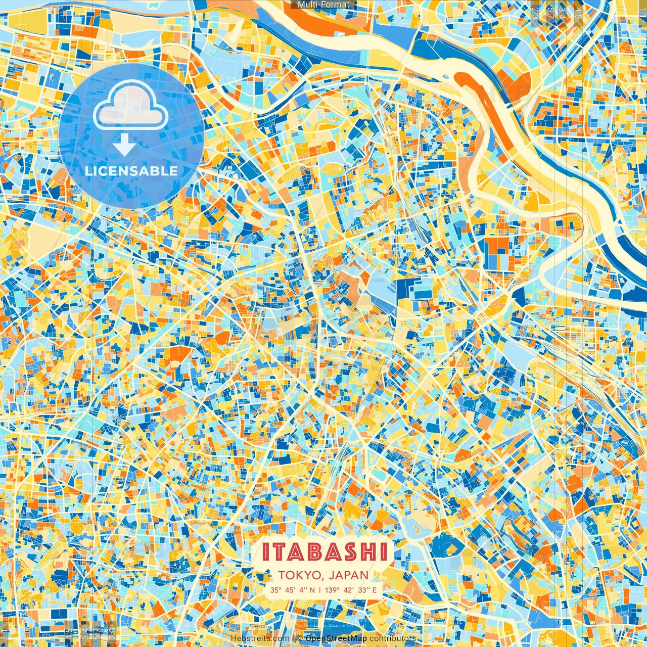 Itabashi, Tokyo, Japan blue and orange vector art map template
