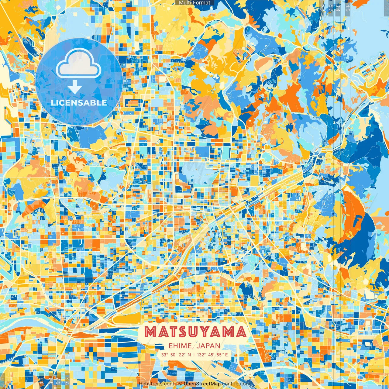 Matsuyama, Ehime, Japan blue and orange vector art map template