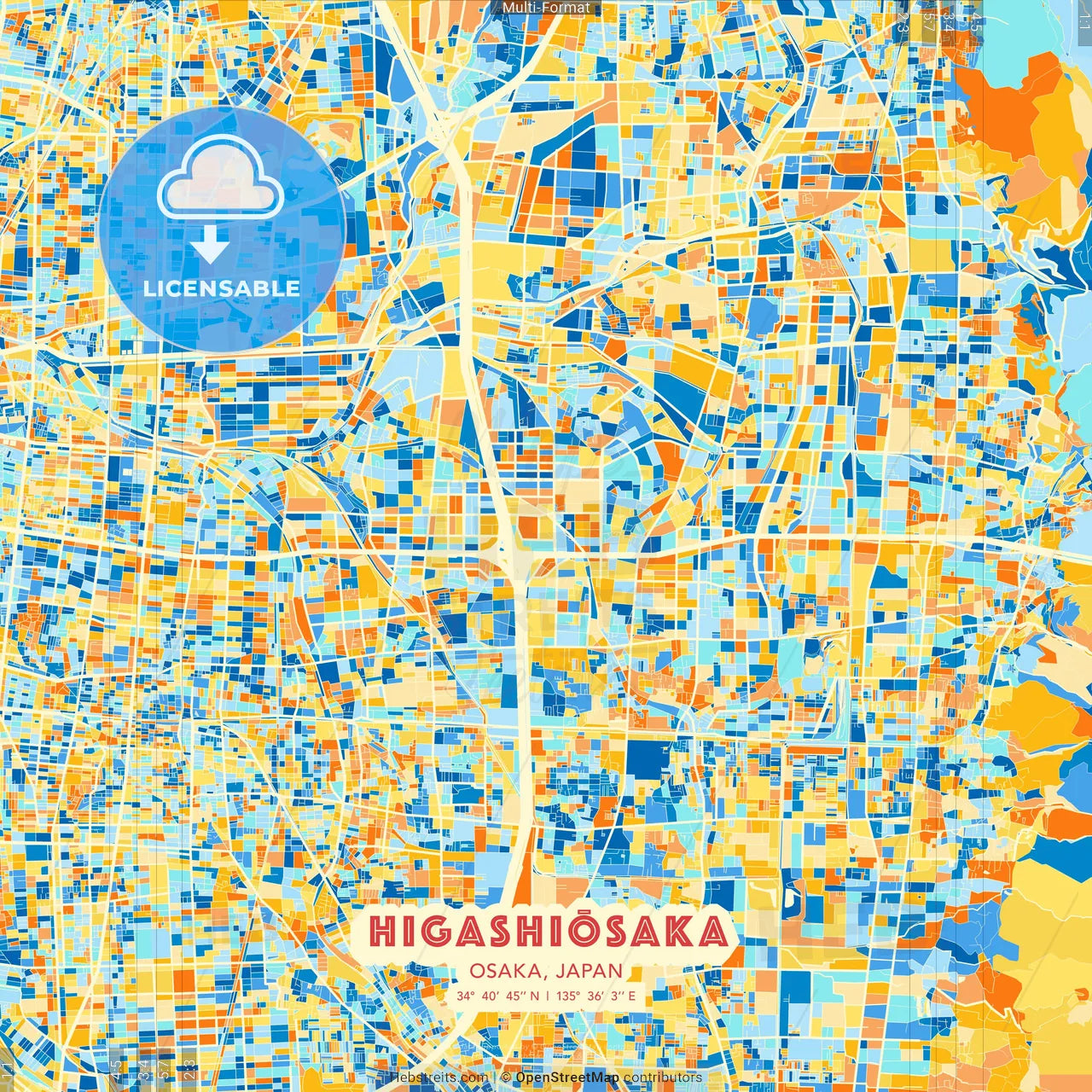 Higashiōsaka, Osaka, Japan blue and orange vector art map template