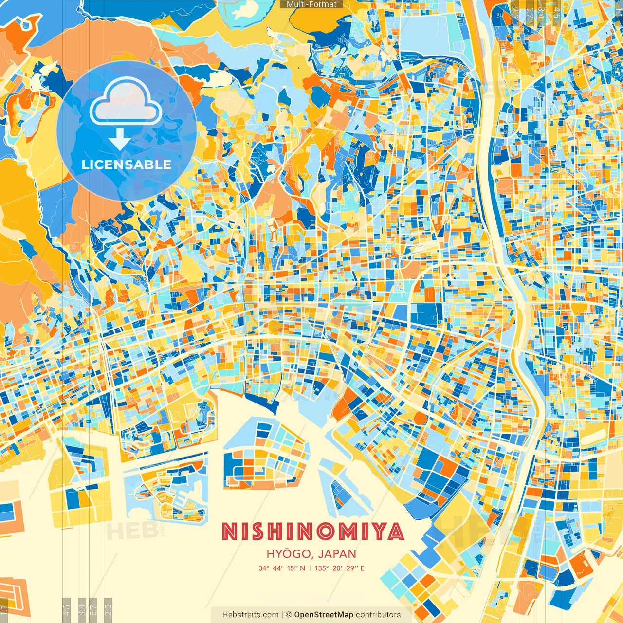 Nishinomiya, Hyōgo, Japan blue and orange vector art map template