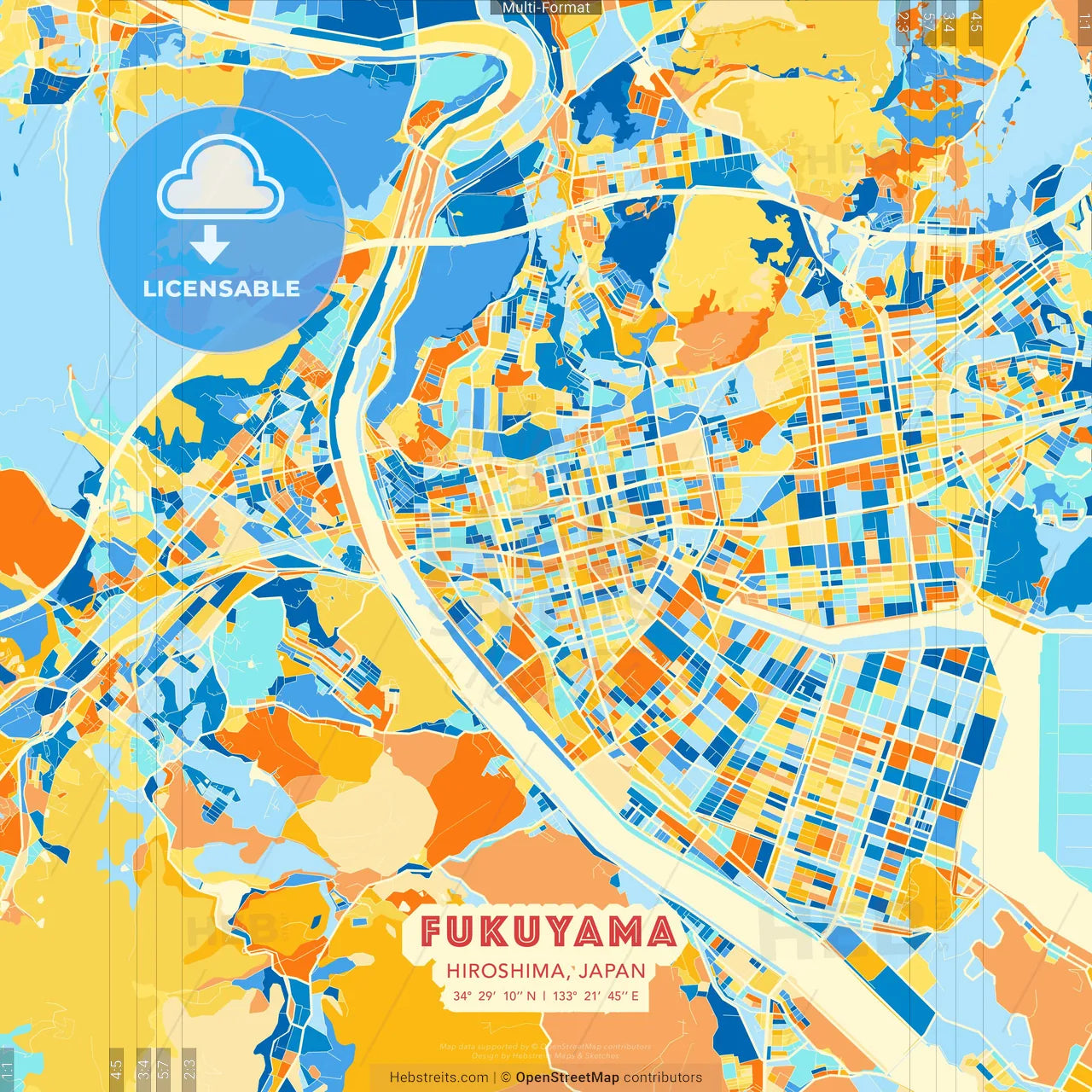 Fukuyama, Hiroshima, Japan blue and orange vector art map template