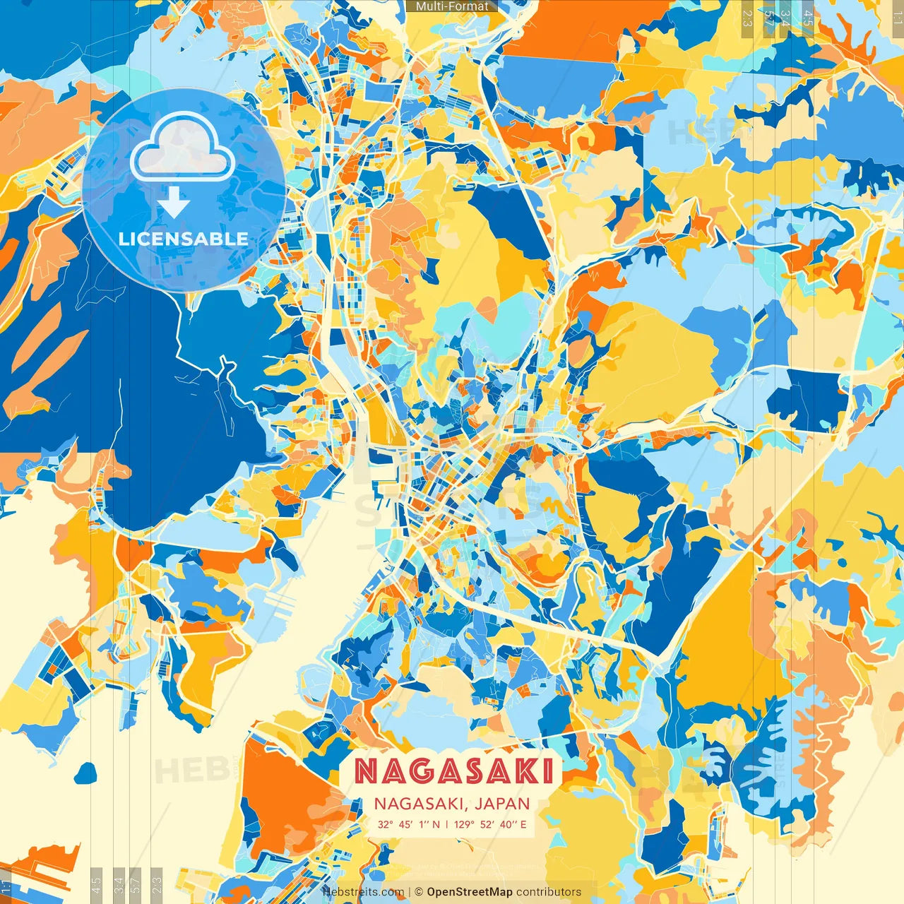 Nagasaki, Nagasaki, Japan blue and orange vector art map template