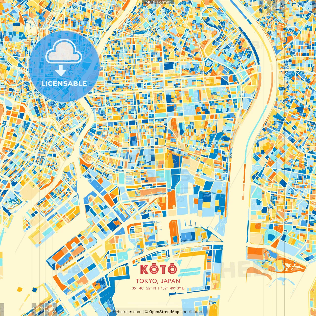 Kōtō, Tokyo, Japan blue and orange vector art map template