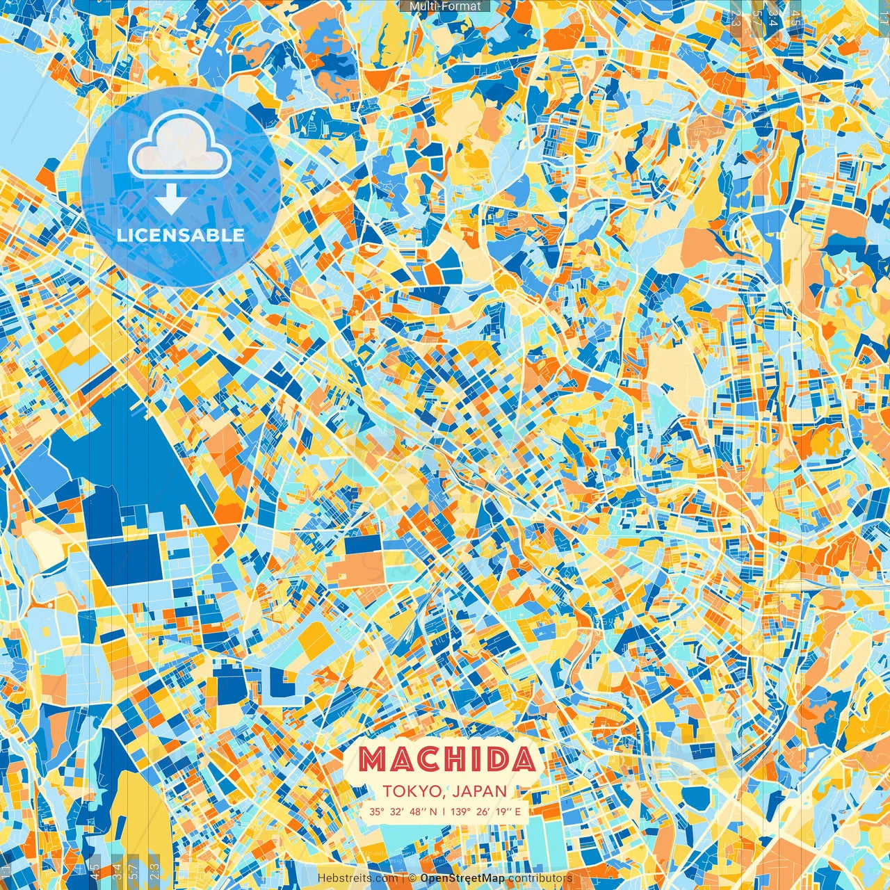 Machida, Tokyo, Japan blue and orange vector art map template