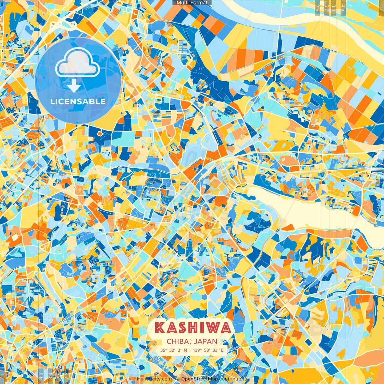 Kashiwa, Chiba, Japan blue and orange vector art map template