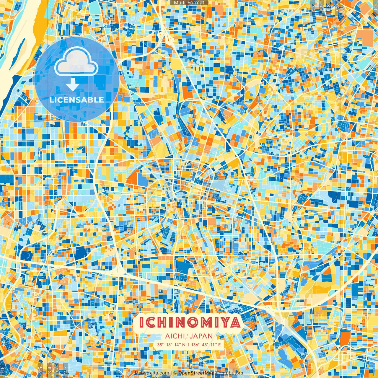 Ichinomiya, Aichi, Japan blue and orange vector art map template