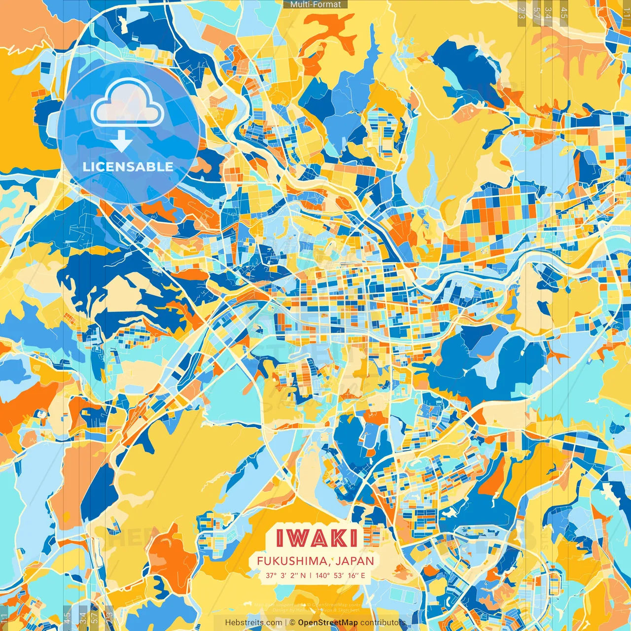 Iwaki, Fukushima, Japan blue and orange vector art map template