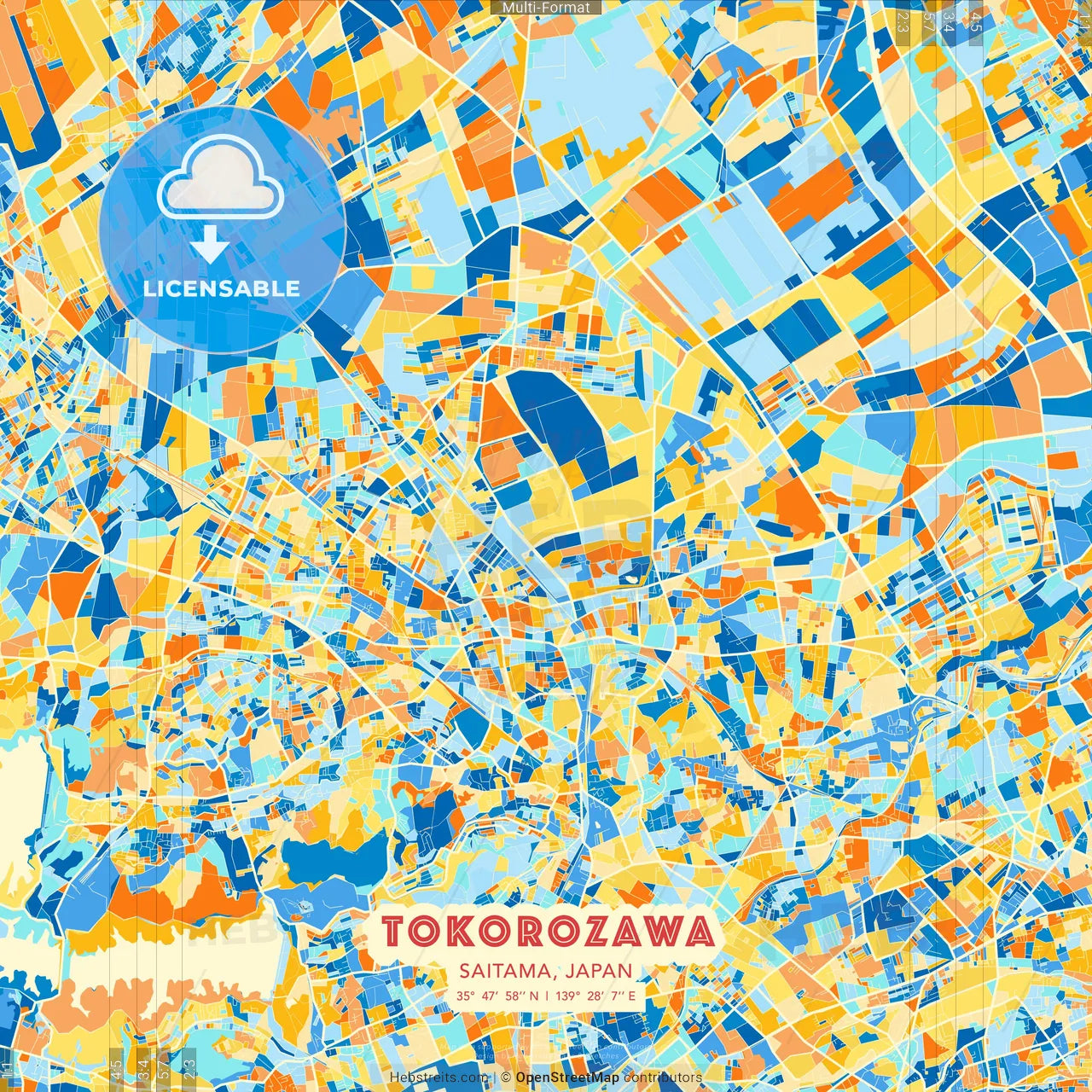 Tokorozawa, Saitama, Japan blue and orange vector art map template