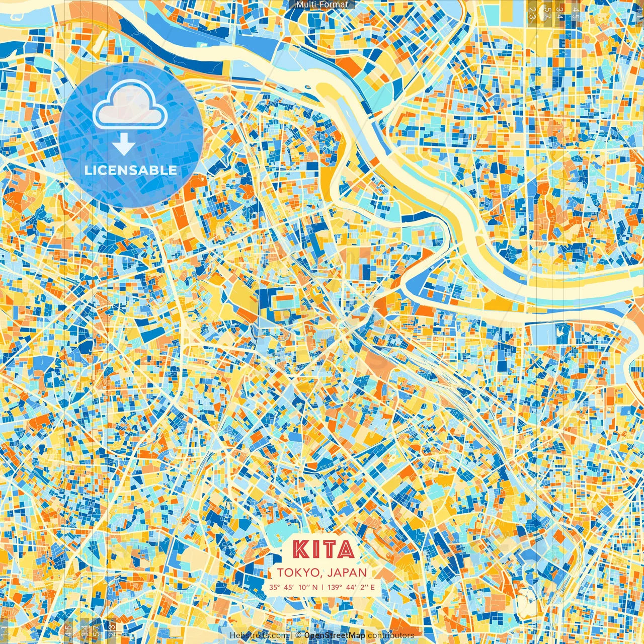 Kita, Tokyo, Japan blue and orange vector art map template