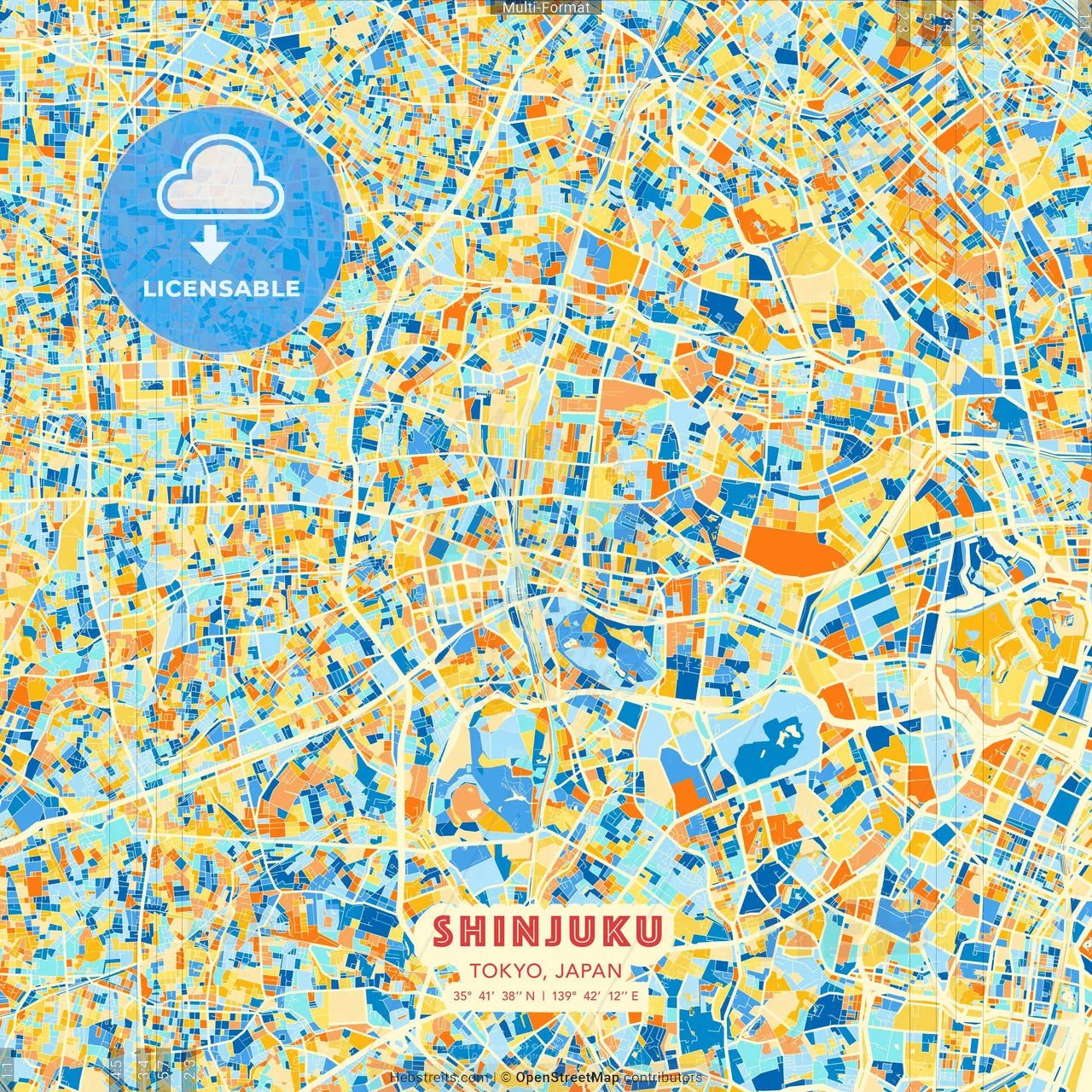 Shinjuku, Tokyo, Japan blue and orange vector art map template