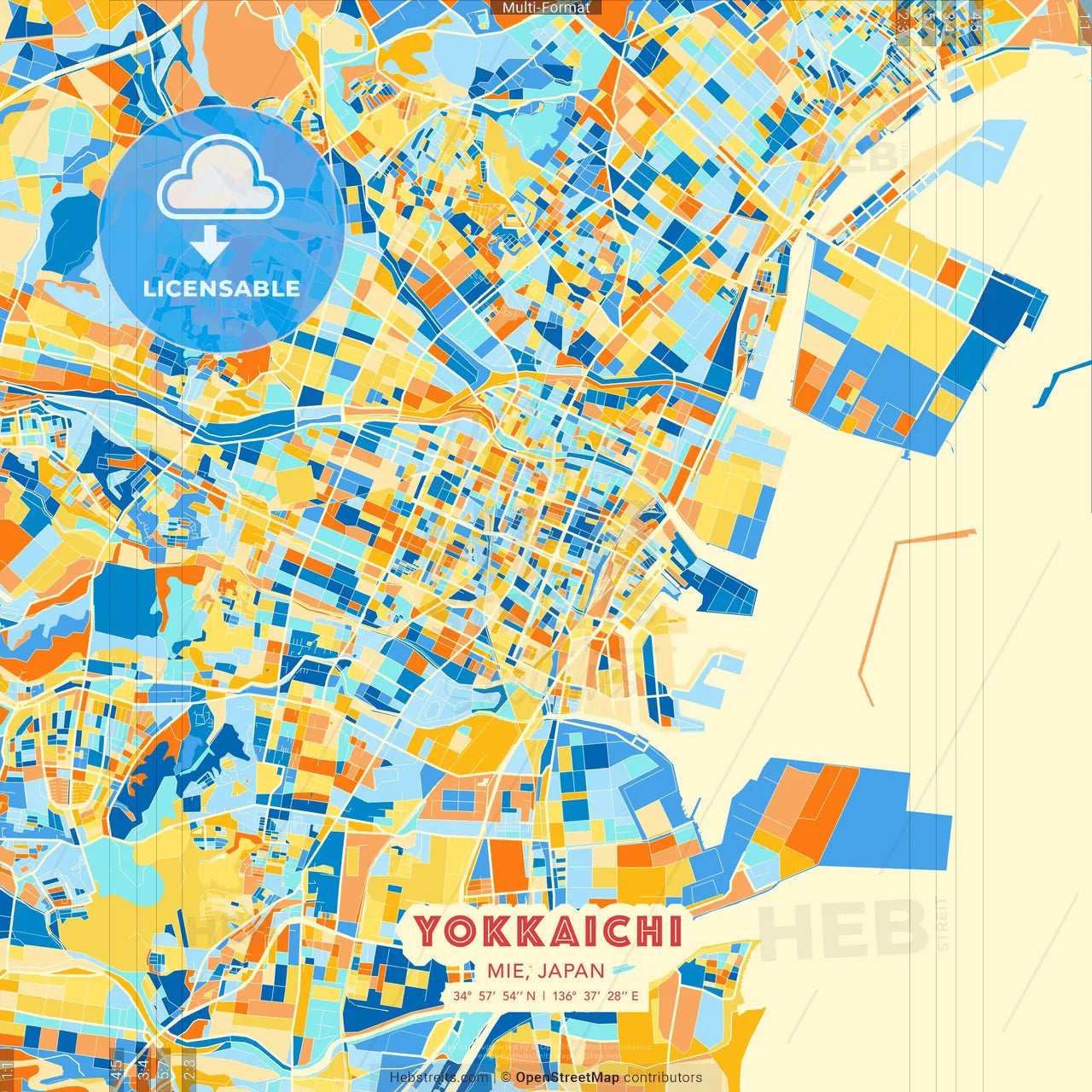 Yokkaichi, Mie, Japan blue and orange vector art map template