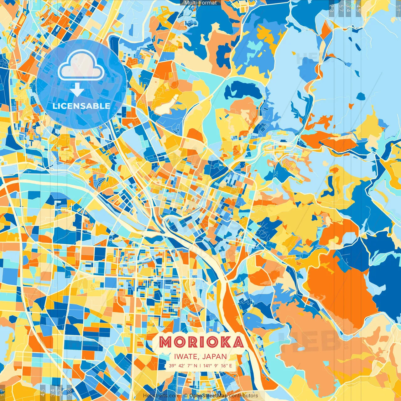 Morioka, Iwate, Japan blue and orange vector art map template