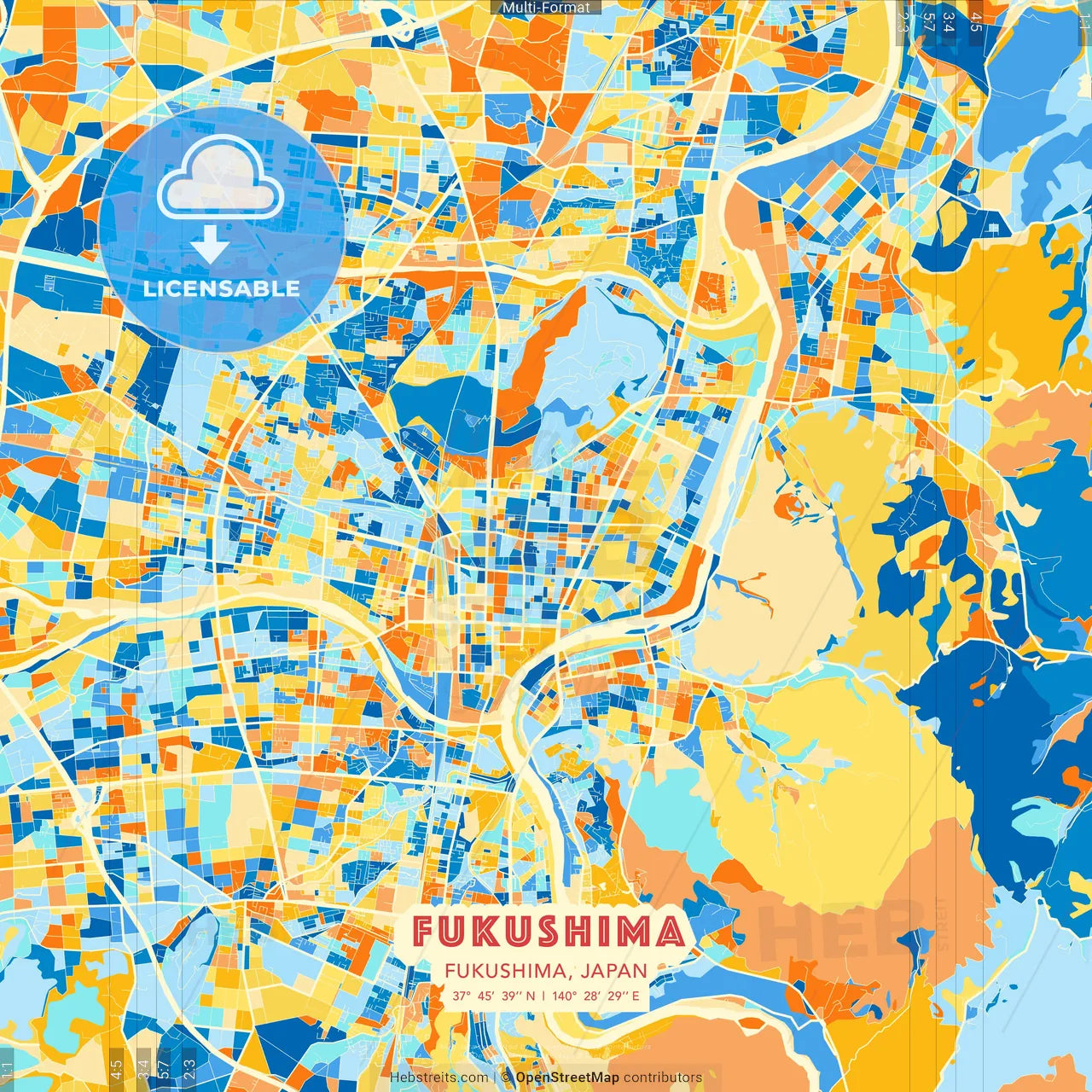 Fukushima, Fukushima, Japan blue and orange vector art map template