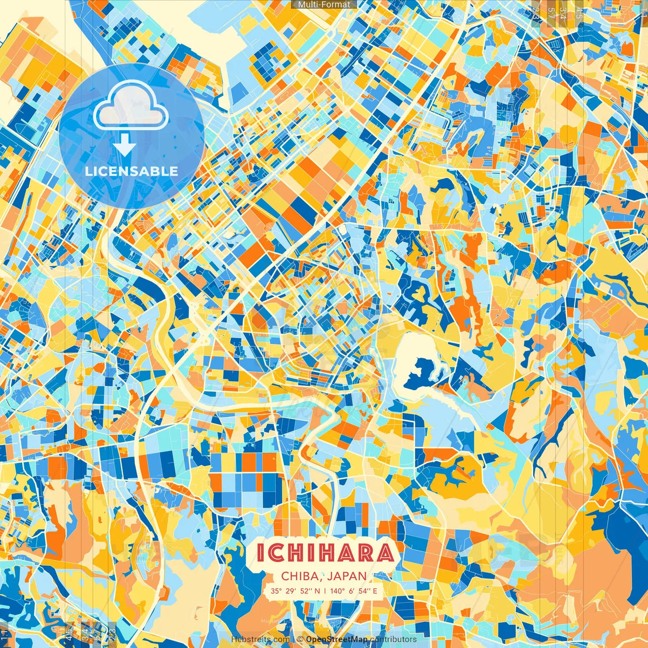 Ichihara, Chiba, Japan blue and orange vector art map template