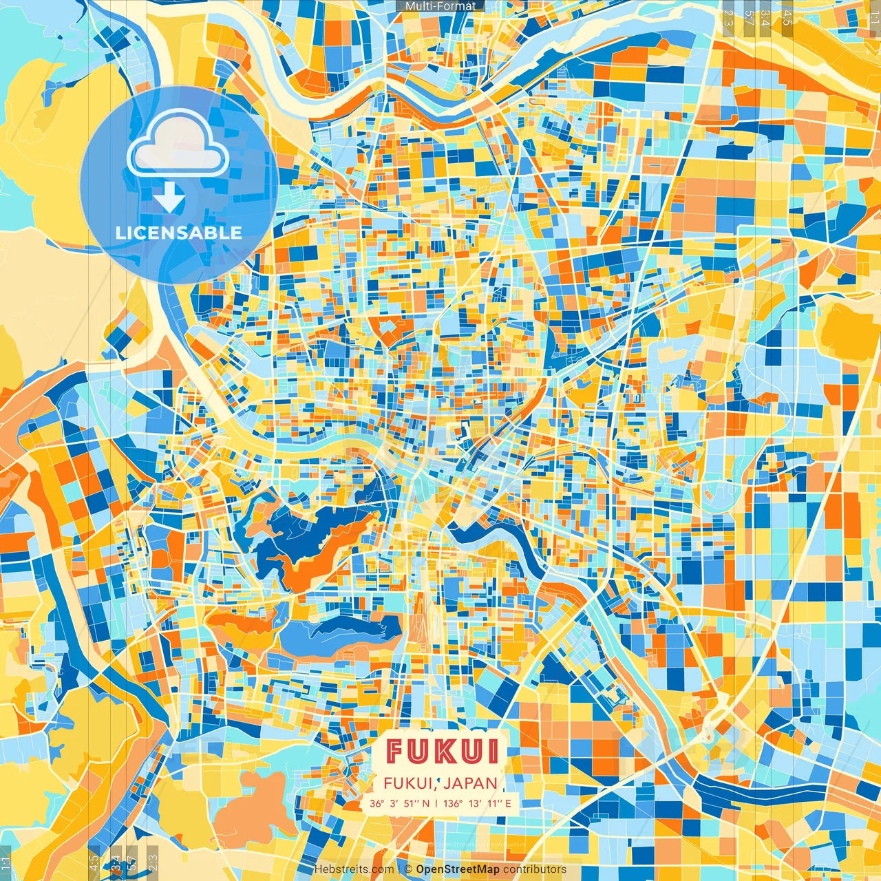Fukui, Fukui, Japan blue and orange vector art map template