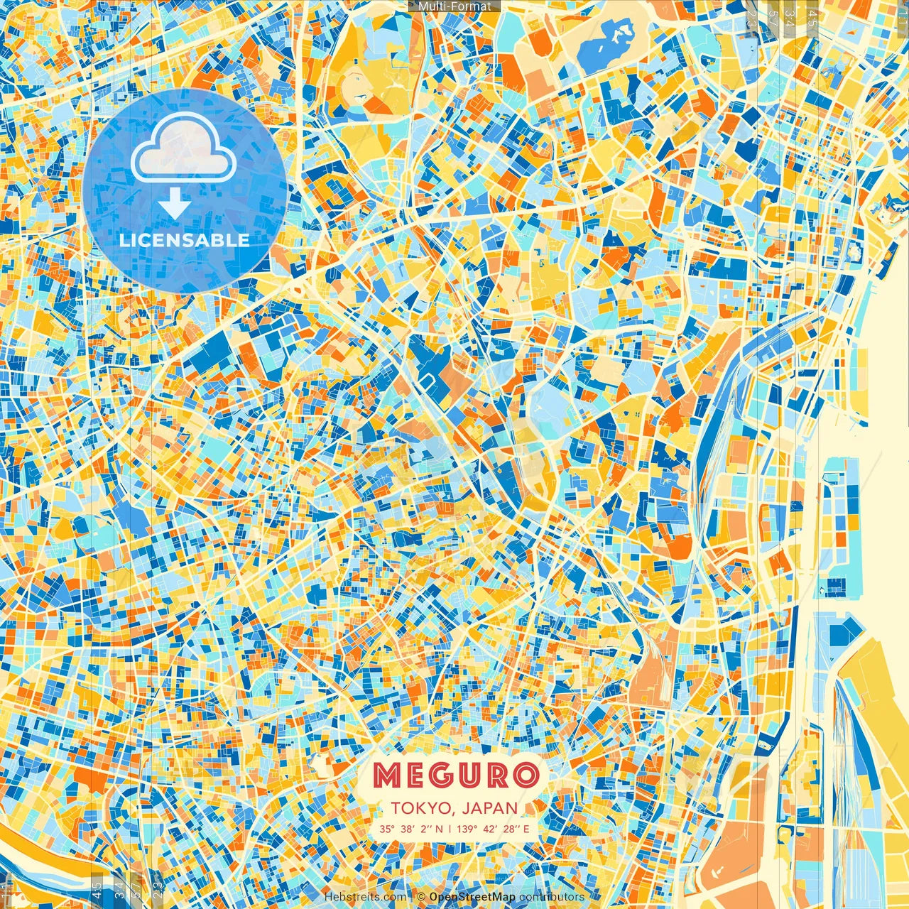 Meguro, Tokyo, Japan blue and orange vector art map template