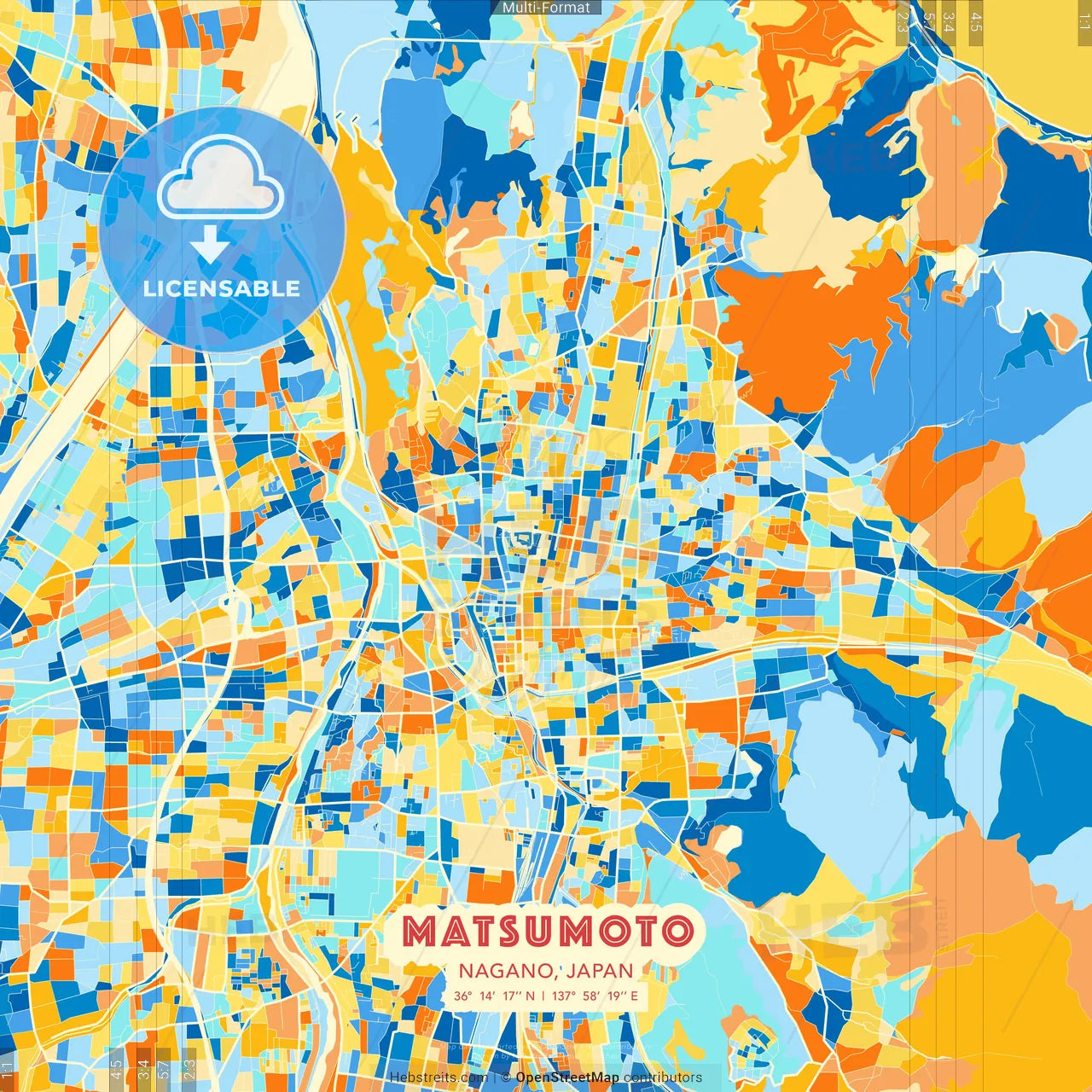 Matsumoto, Nagano, Japan blue and orange vector art map template
