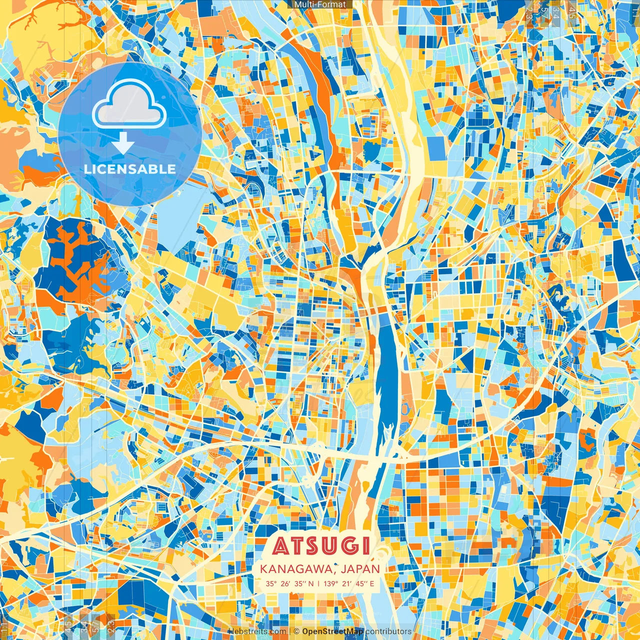 Atsugi, Kanagawa, Japan blue and orange vector art map template