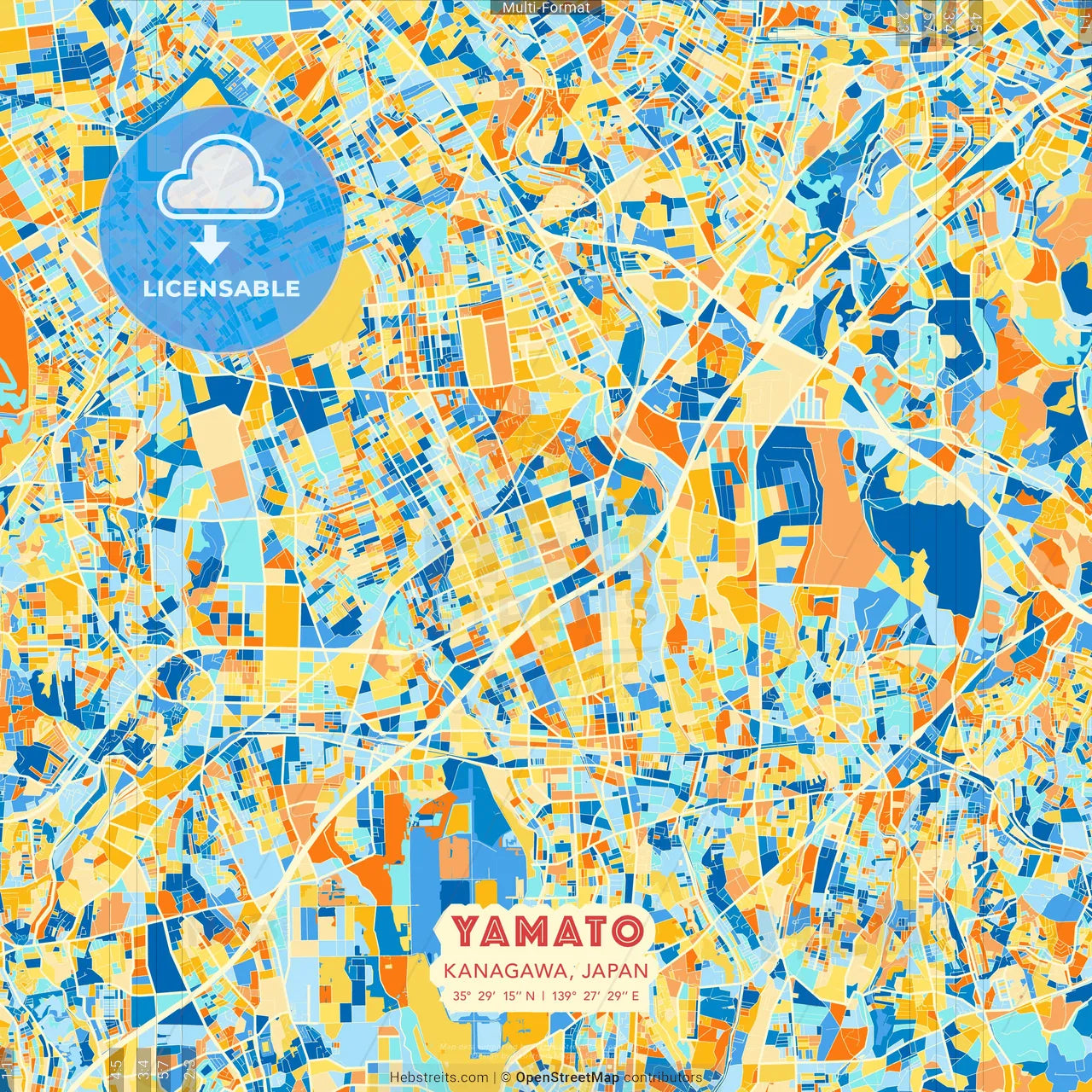 Yamato, Kanagawa, Japan blue and orange vector art map template