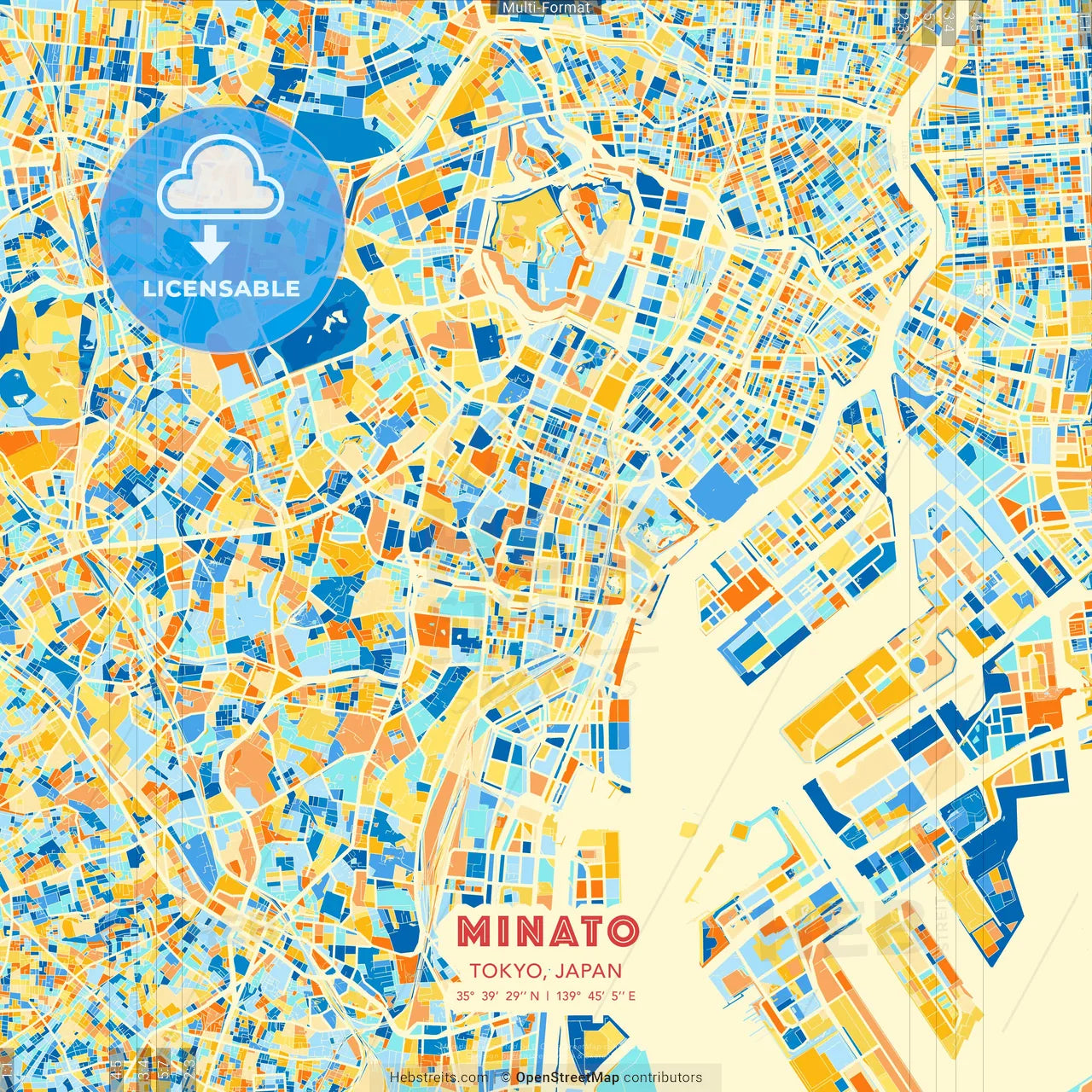 Minato, Tokyo, Japan blue and orange vector art map template
