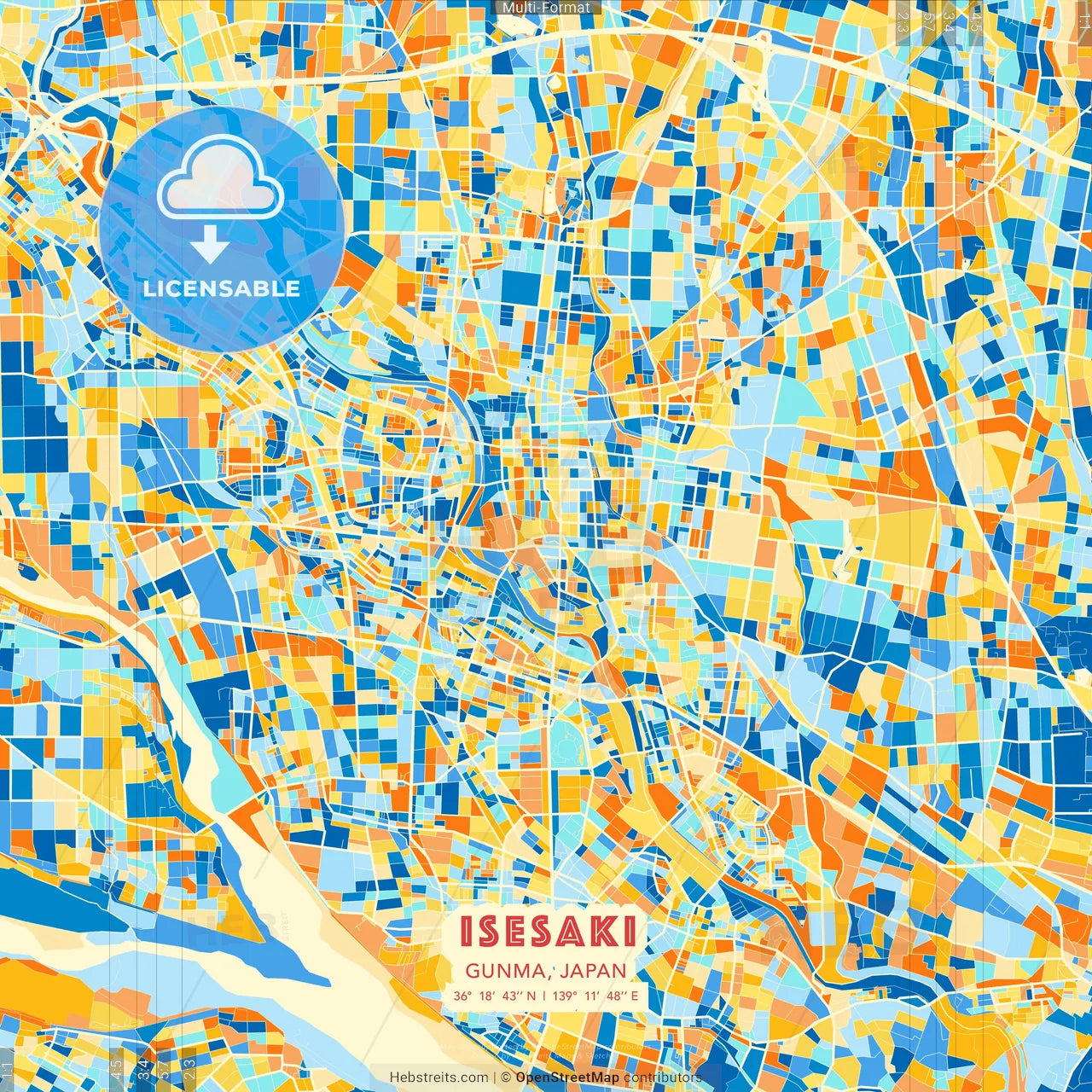 Isesaki, Gunma, Japan blue and orange vector art map template