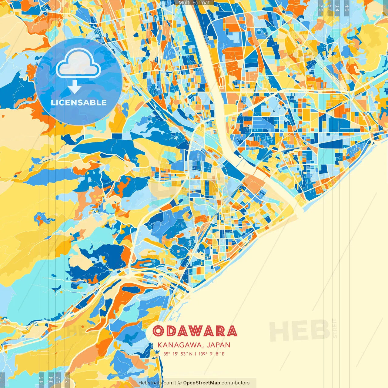 Odawara, Kanagawa, Japan blue and orange vector art map template