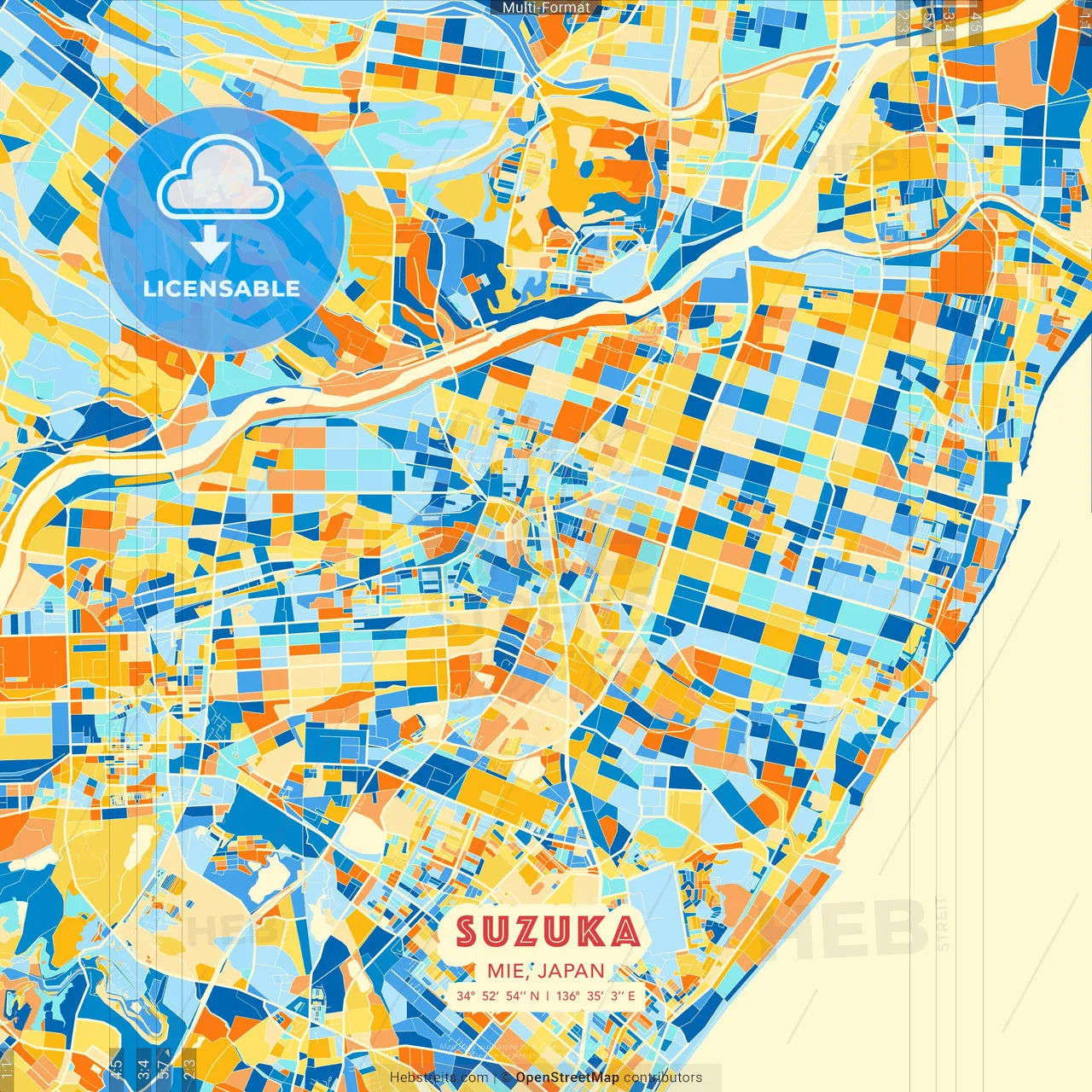 Suzuka, Mie, Japan blue and orange vector art map template