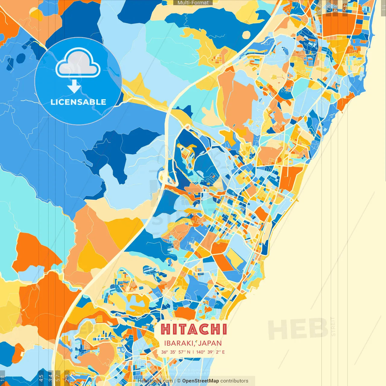 Hitachi, Ibaraki, Japan blue and orange vector art map template