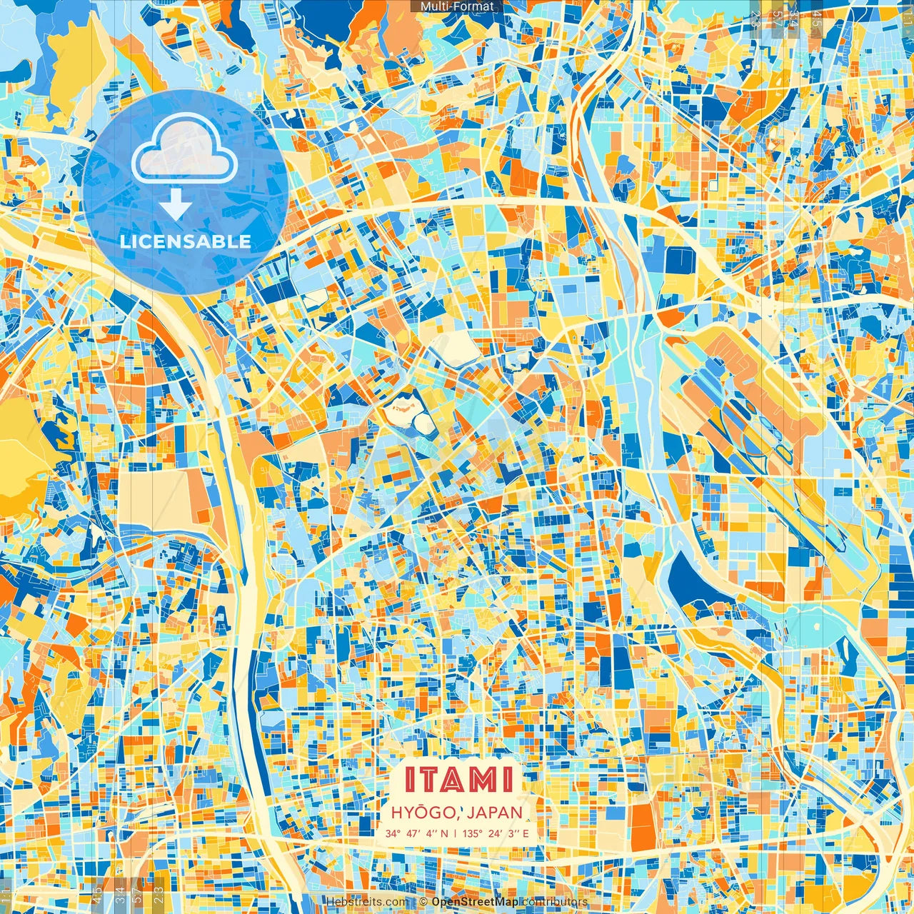 Itami, Hyōgo, Japan blue and orange vector art map template