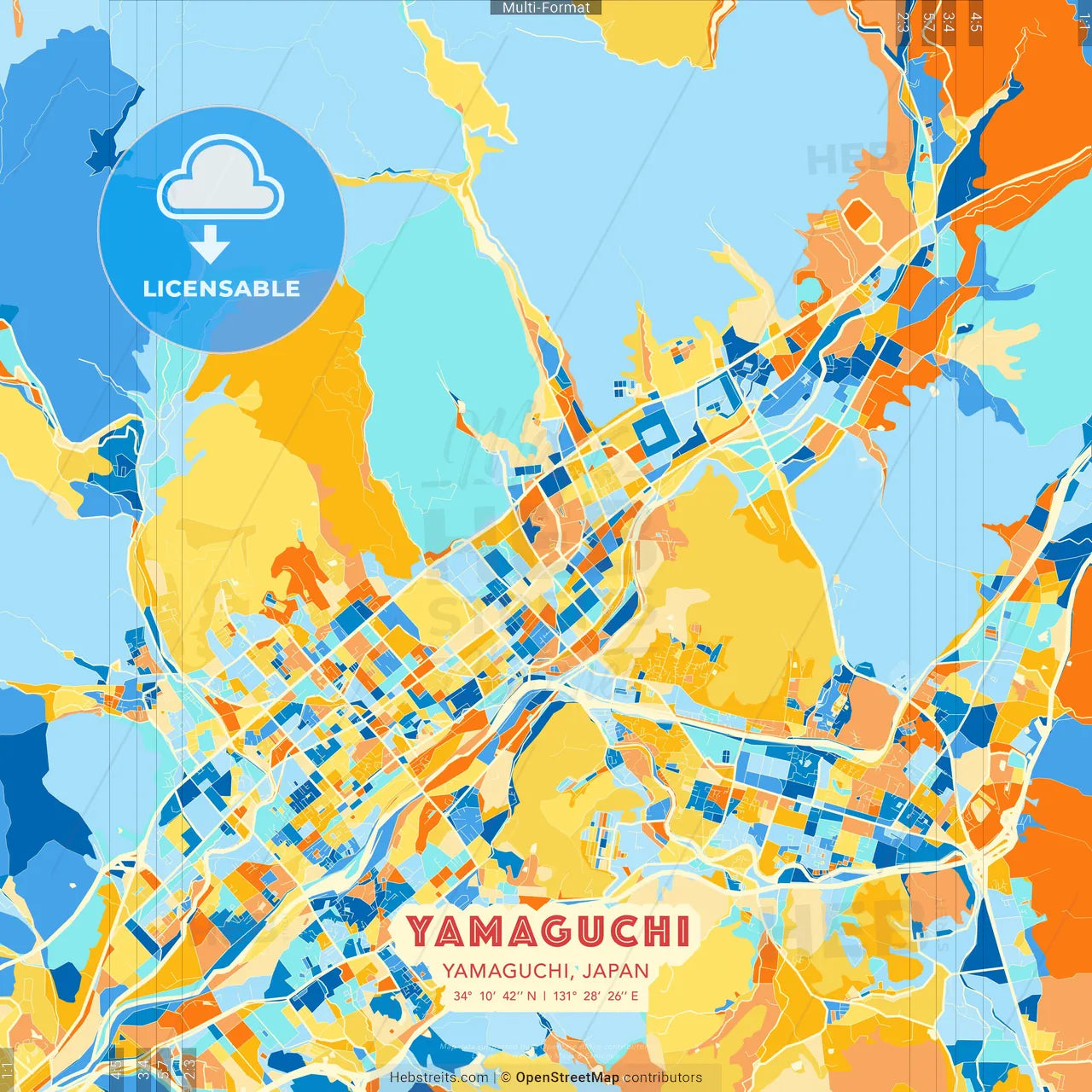 Yamaguchi, Yamaguchi, Japan blue and orange vector art map template