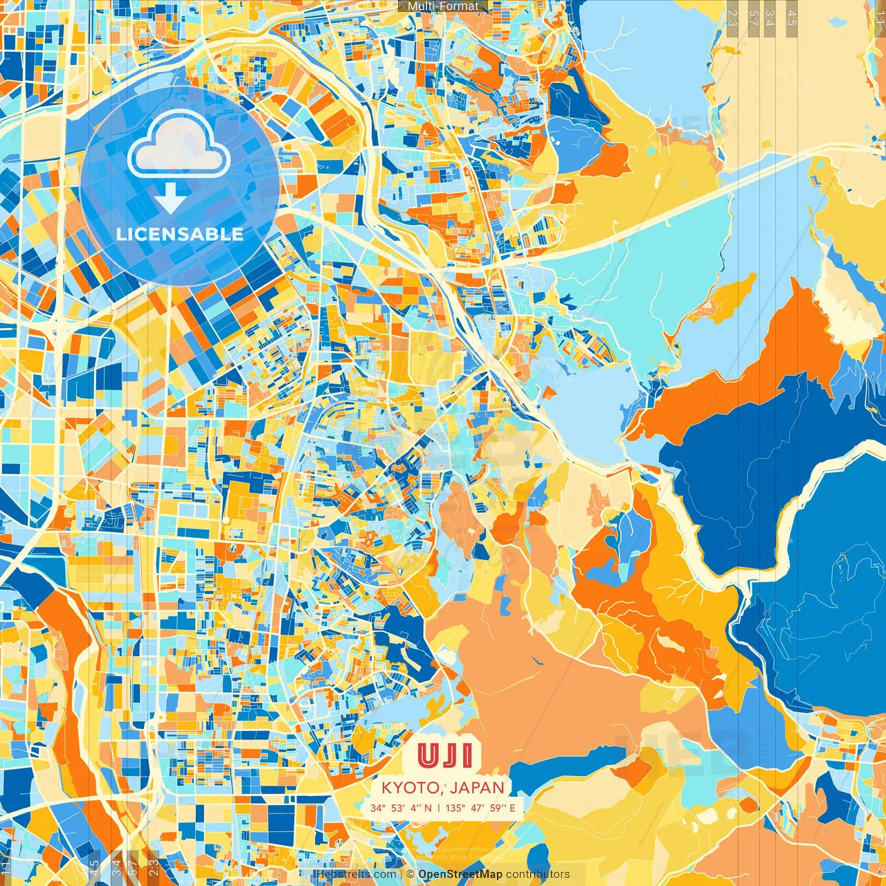 Uji, Kyoto, Japan blue and orange vector art map template