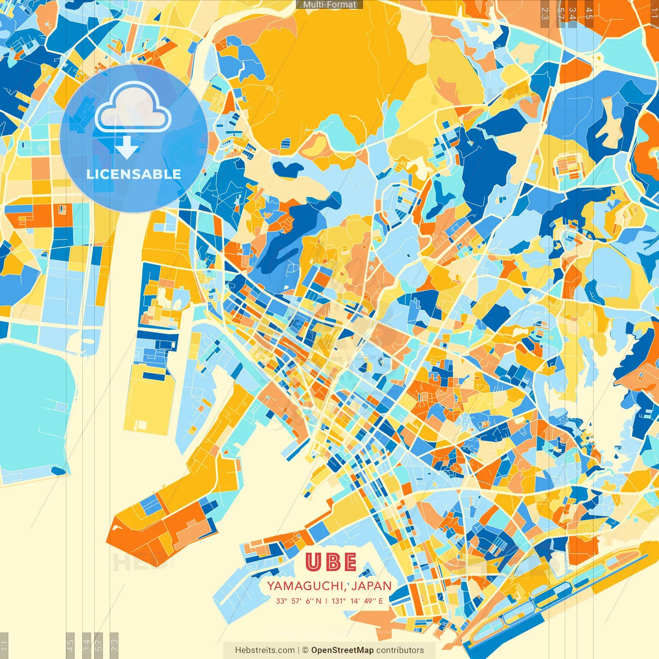 Ube, Yamaguchi, Japan blue and orange vector art map template