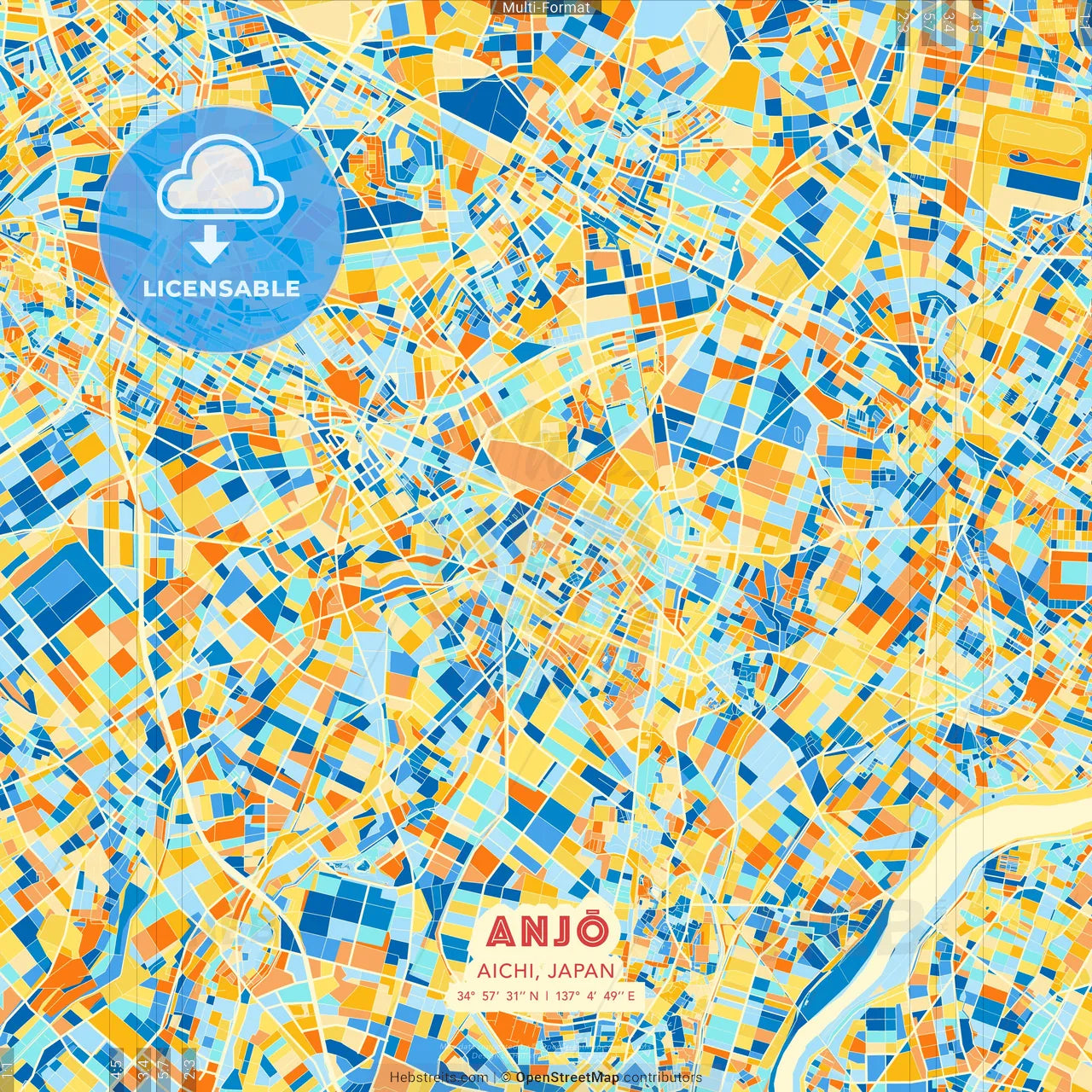 Anjō, Aichi, Japan blue and orange vector art map template