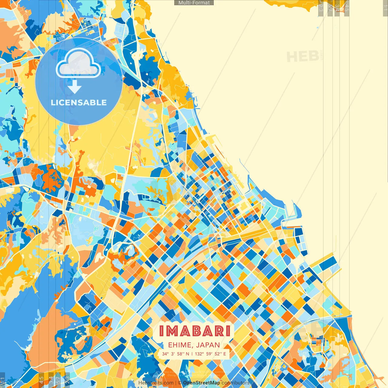 Imabari, Ehime, Japan blue and orange vector art map template