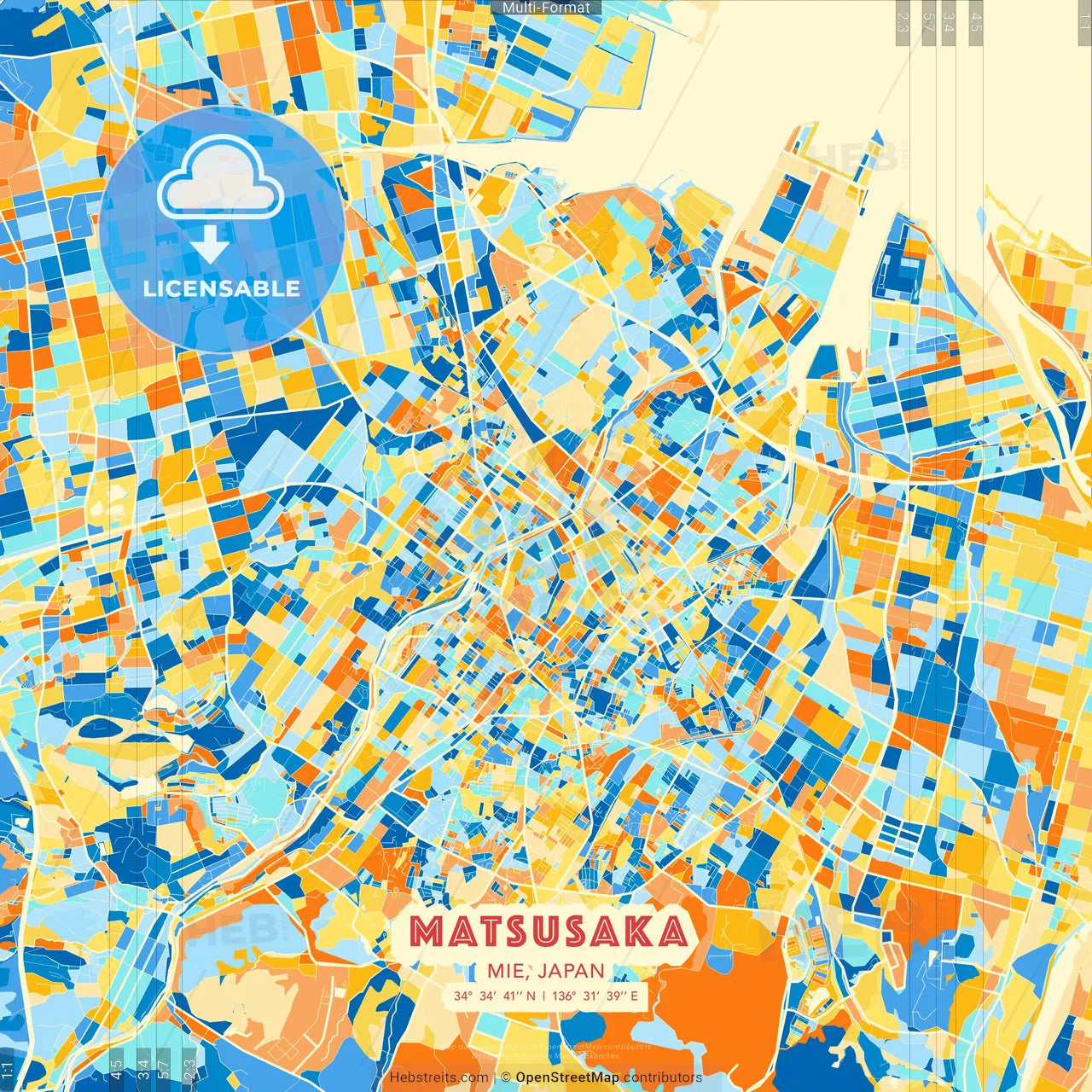 Matsusaka, Mie, Japan blue and orange vector art map template