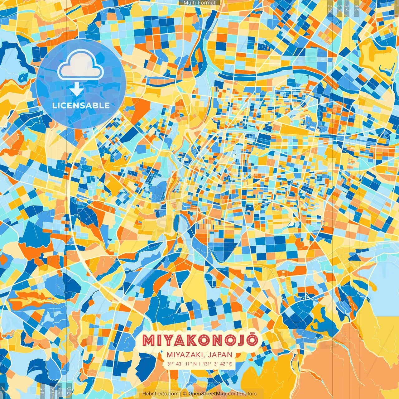 Miyakonojō, Miyazaki, Japan blue and orange vector art map template