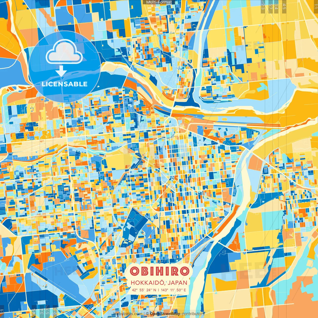 Obihiro, Hokkaidō, Japan blue and orange vector art map template