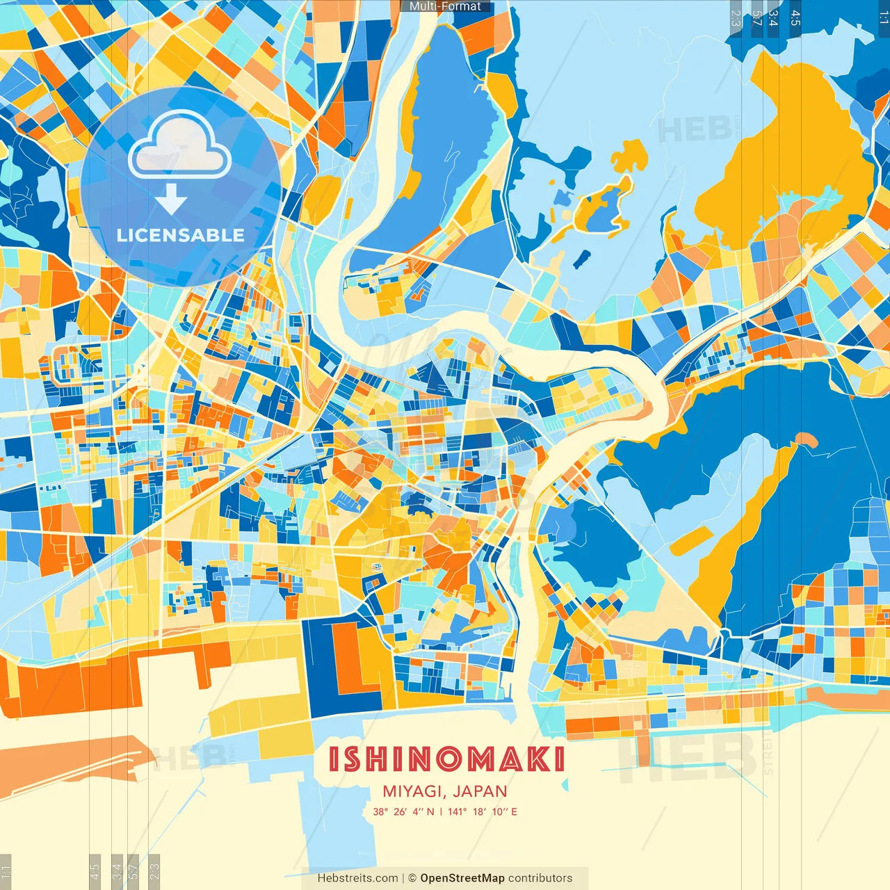 Ishinomaki, Miyagi, Japan blue and orange vector art map template