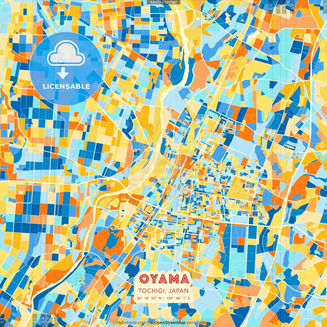 Oyama, Tochigi, Japan blue and orange vector art map template