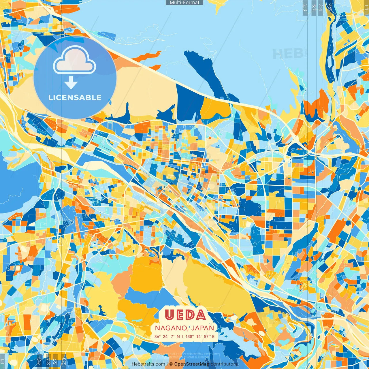 Ueda, Nagano, Japan blue and orange vector art map template