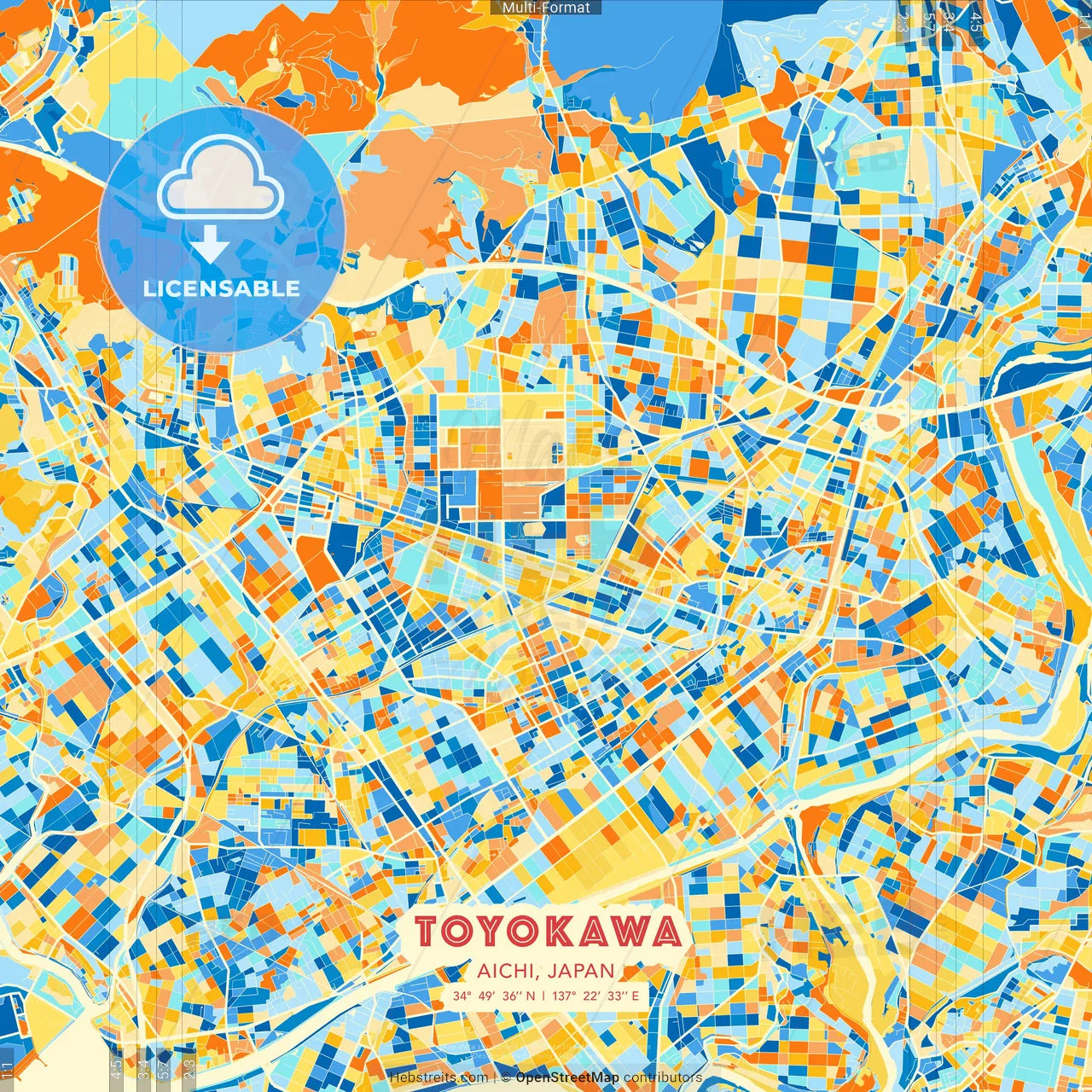 Toyokawa, Aichi, Japan blue and orange vector art map template