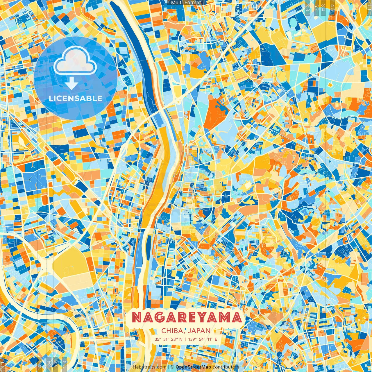 Nagareyama, Chiba, Japan blue and orange vector art map template