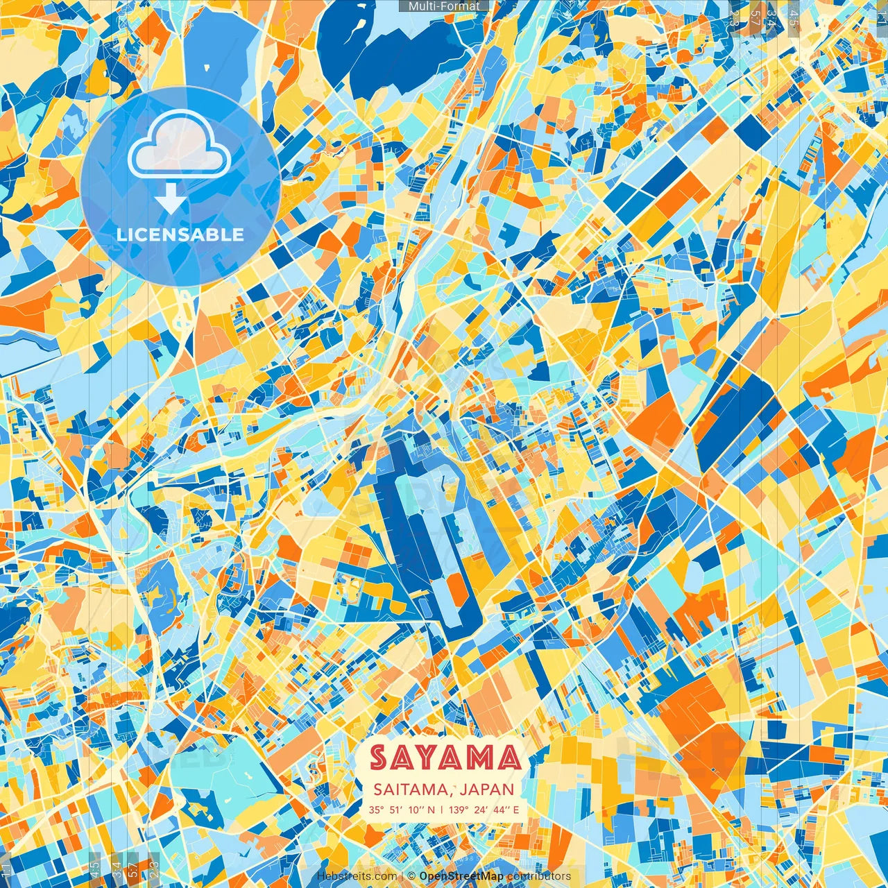 Sayama, Saitama, Japan blue and orange vector art map template