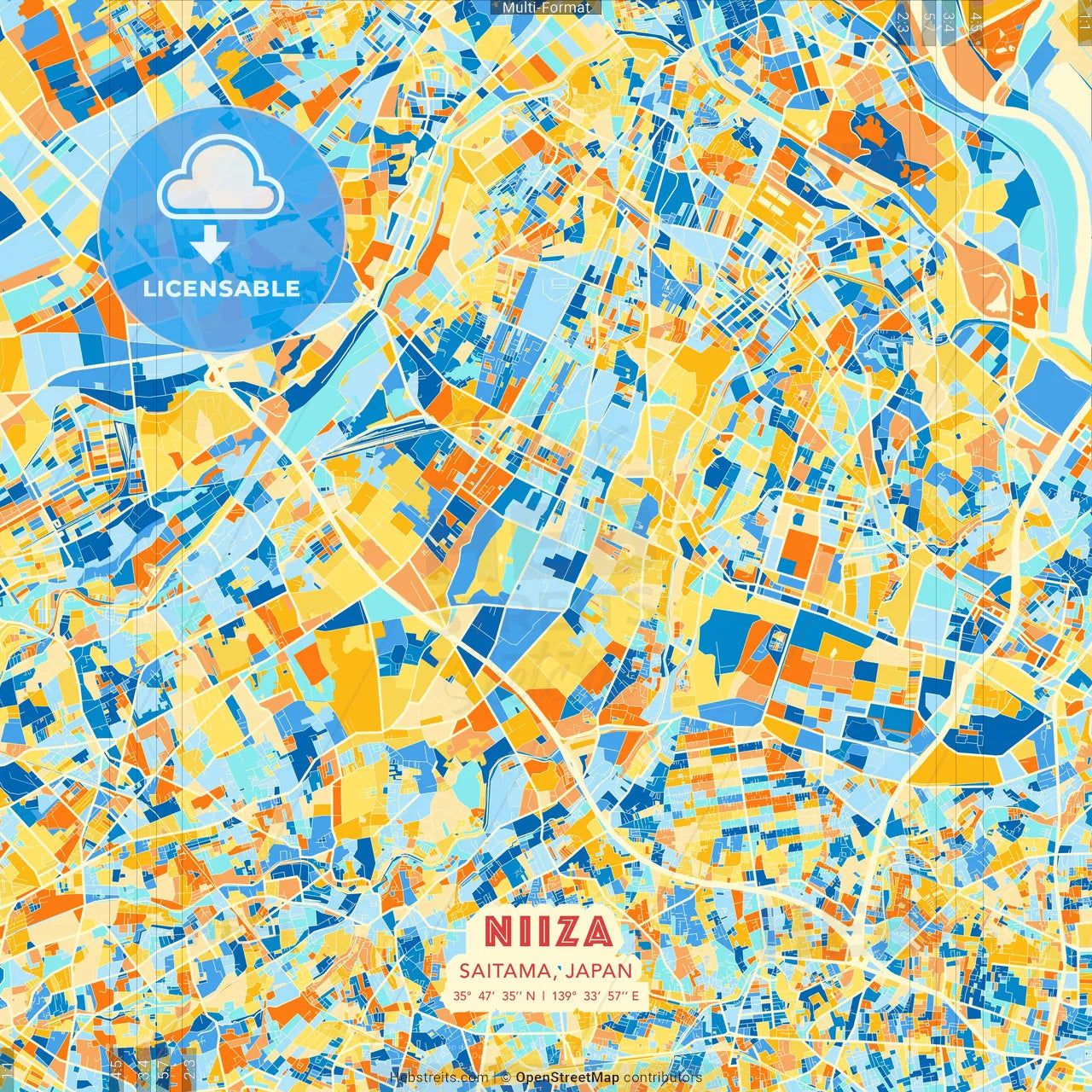 Niiza, Saitama, Japan blue and orange vector art map template